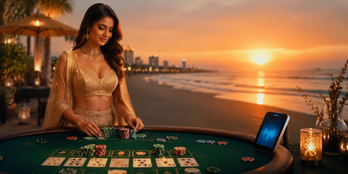 Young woman enjoying Andar Bahar game interface on a mobile device in Chennai